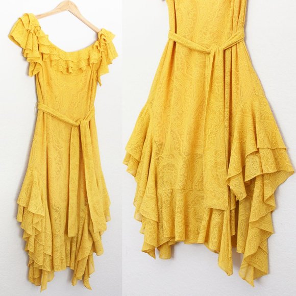 Marissa Webb 100% Silk Sofia Embroidered Ruffle Midi Dress L Saffron Yellow $798 - Picture 9 of 16